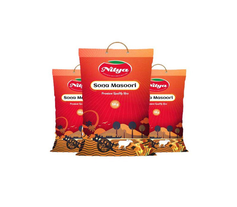 Nitya Sona Masoori rice 10kg bag – premium soft-textured South Indian rice ideal for everyday cooking and biryani