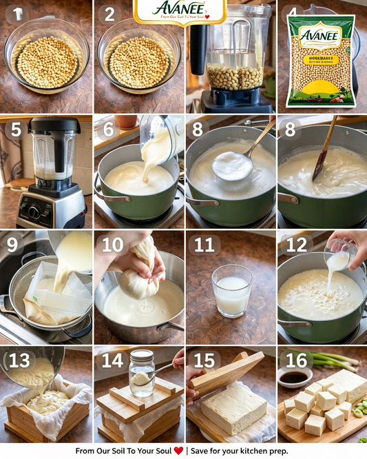 16-step visual guide showing how to make fresh homemade tofu and soy milk from scratch using AVANEE Soya Beans