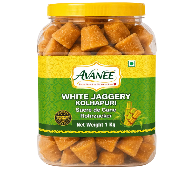 AVANEE White Jaggery Kolhapuri 1 KG Jar package