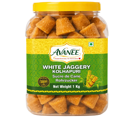 AVANEE White Jaggery Kolhapuri 1 KG Jar package