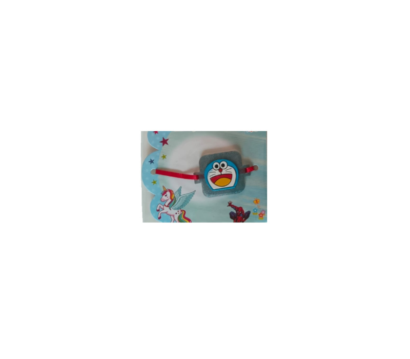 Cartoon character keychain on a light blue background with stars