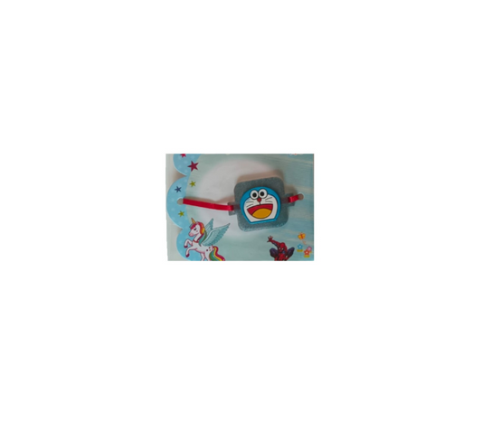 Cartoon character keychain on a light blue background with stars