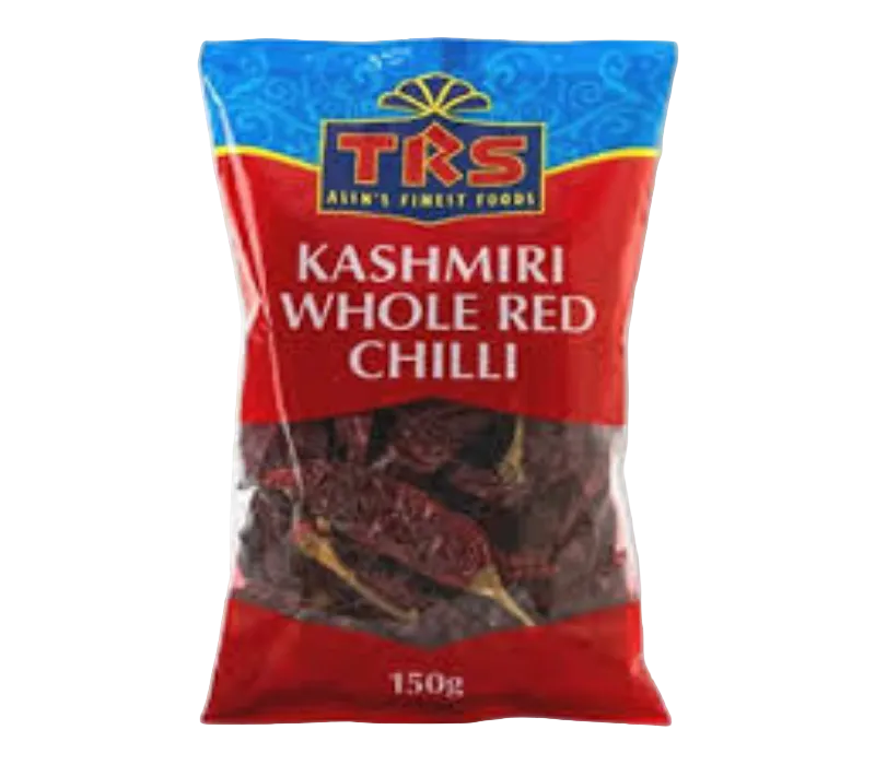 A 150g bag of TRS Kashmiri Whole Red Chilli, featuring a red and blue package design with a clear window showing the dried red chilies inside.